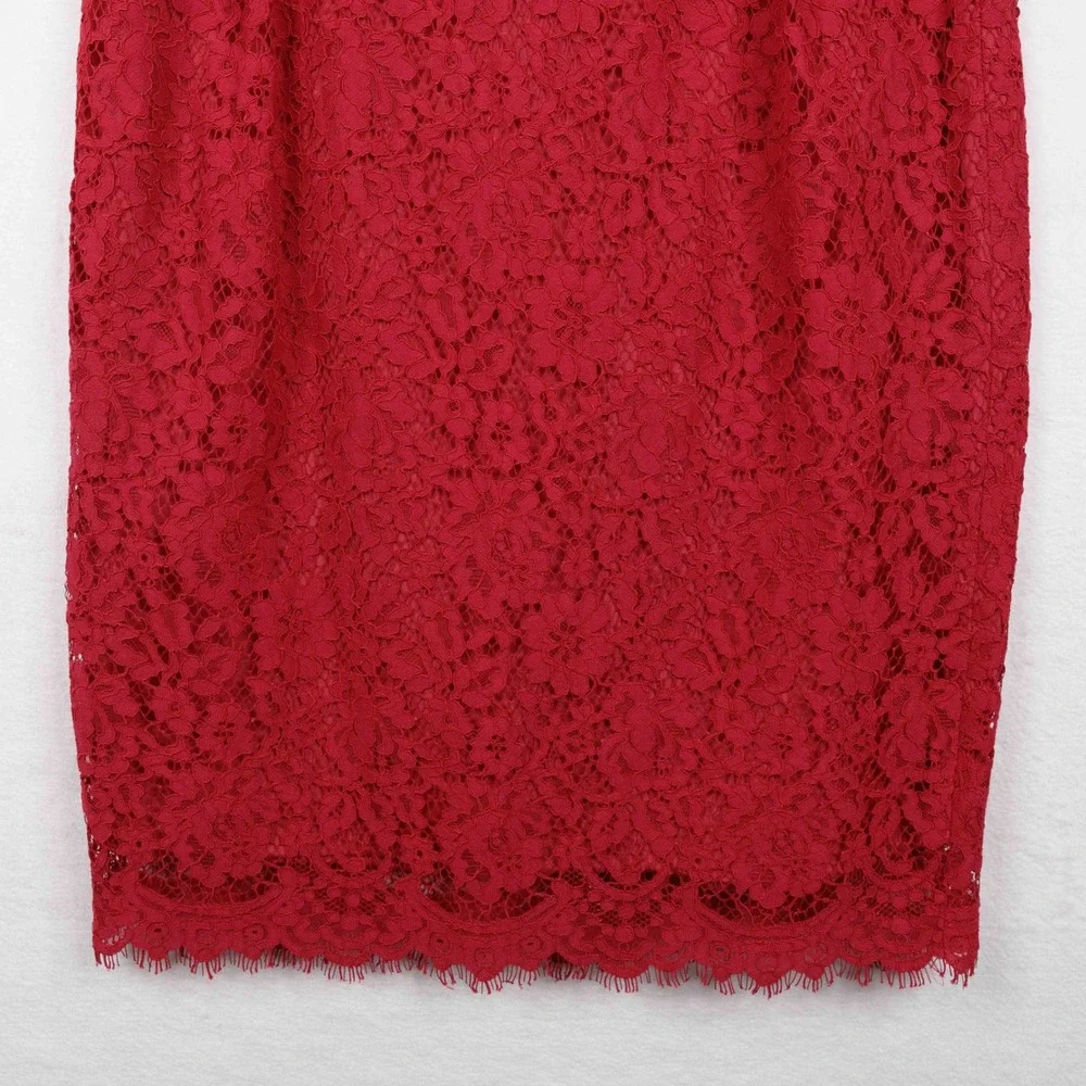 J CREW Pintucked Pencil‎ Skirt Red Lace Feminine Valentines Date Night Sz 14